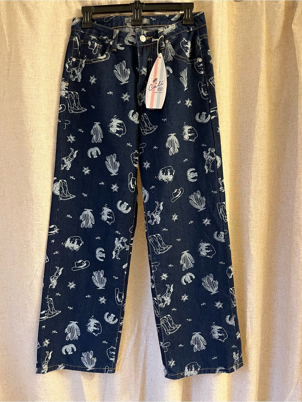 NWT Cali 1850 Western Cowboy Print Straight Leg Women’s 7 Jeans Dark Wash